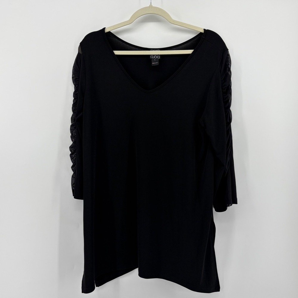 Clara Sun Woo Womens Large Black Tunic Top Ruched Mesh 3/4 Sleeve V-Neck Stretch